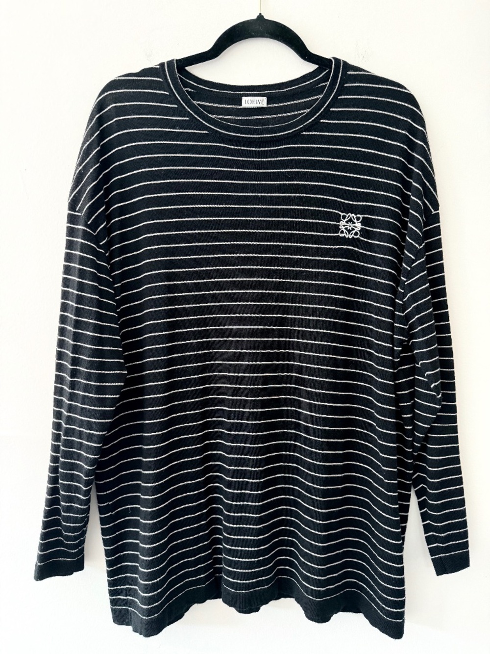 Loewe Mens Merino Wool Striped Crew Neck Lightweight Black Stripes Logo Sweater
